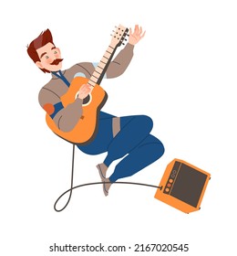 Mustached Man Astronaut Character in Space Flying in the Air Playing Guitar Vector Illustration