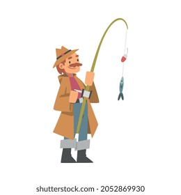 Mustached Man Character in Fisherman Boots with Angling Rod Fishing Vector Illustration
