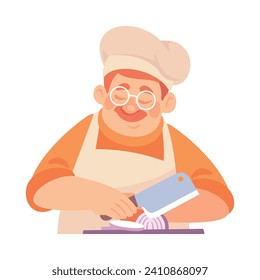 Mustached Man Cook or Chef Character in Uniform Chop Onion with Knife Vector Illustration