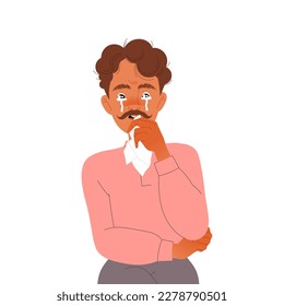 Mustached Man Crying Sitting in Cinema Watching Movie Vector Illustration