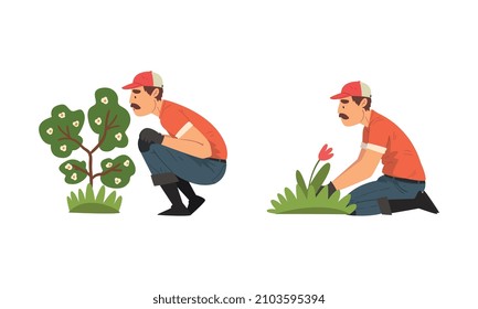 Mustached Man Gardener in Cap and Gloves Working in the Yard Vector Set