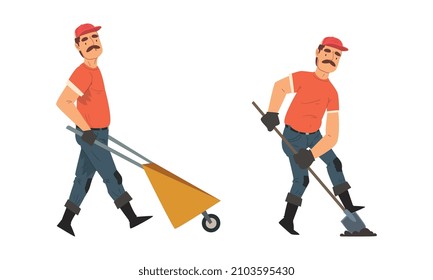 Mustached Man Gardener in Cap and Gloves with Shovel Digging and Wheelbarrow Working in the Yard Vector Set