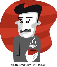 mustached man in glasses with a cup of coffee