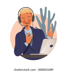 Mustached Man Office Worker in Formal Suit with Laptop and Headset at Workspace Speaking with Someone Vector Composition