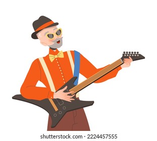 Mustached Man Pensioner Character Playing Electric Guitar and Singing Engaged in Hobby Activity on Retirement Vector Illustration