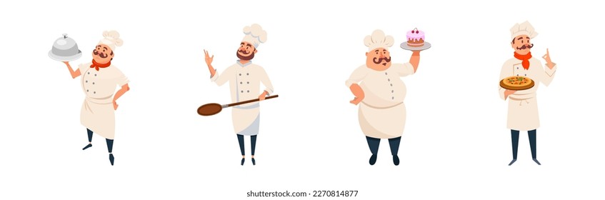 Mustached Man Restaurant Chef in Toque Cooking Meal Vector Set