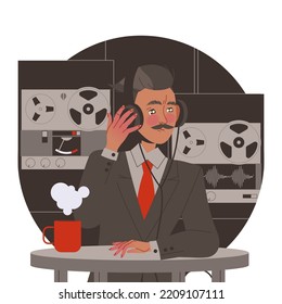 Mustached Man Special Agent in Headphones Listening to Secret Conversation Spying and Monitoring Vector Illustration