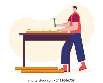 Mustached man standing hitting hammer into nail in lumber, wood working process. Character design. Vector flat illustration