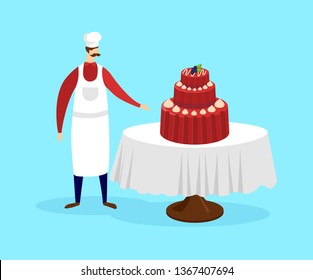 Mustached Man Wearing Apron and Toque Stand near Table with Festive or Wedding Cake Isolated on Blue Background. Culinary, Bakery, Confectionery Character. Cartoon Flat Vector Illustration. Clip Art.