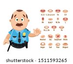 Mustached policeman in blue uniform shows to set of mouth, teeth positions. Lip sync emotions collection. Can be used for animation. Cartoon vector illustration isolated on white background.