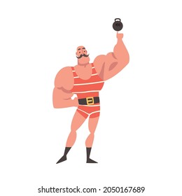 Mustached Strongman Lifting Kettlebell with Finger as Circus Artist Character Performing on Stage or Arena Vector Illustration