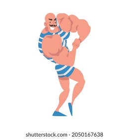 Mustached Strongman in Tight Costume Posing as Circus Artist Character Performing on Stage or Arena Vector Illustration