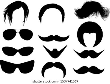 mustaches and beard , hairstyle black and glasses icons in set collection for design . vector 