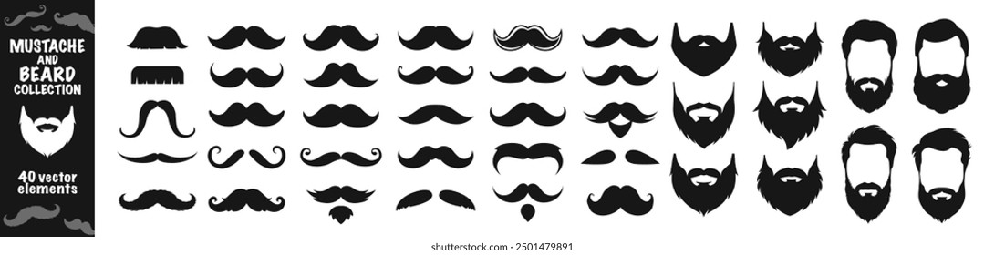 Conjunto estilo bigote y barba. Conjunto de iconos de bigote hipster aislado sobre fondo transparente