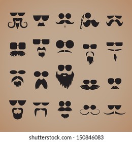 Mustaches, Beard And Sunglasses With Various Additions Isolated On Brown Background Set - Vector Illustration, Graphic Design Editable For Your Design.