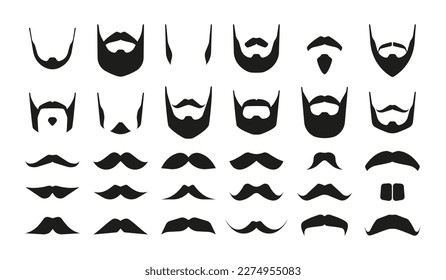 Mustaches and beards. Hipster black mustached bearded faces, simple masculine symbols different variations for barber logo. Vector isolated set. Elegant and fashionable beard, gentleman