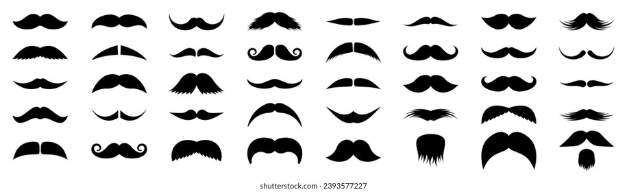 Mustaches. Black silhouettes mustache. Men's mustaches, hipster, gentleman, barbershop. Vector Illustration.