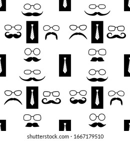Mustaches and glasses and ties. Seamless pattern for fabric, wrapping paper, background, wallpaper.