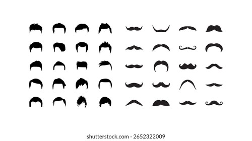 Mustaches and Hairstyles set different types of haircuts vector illustration. Different mustache collection