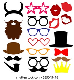 mustaches, lips, eyeglasses, crown, beard, horns, hat, tie silhouettes and design elements for party props isolated on white background