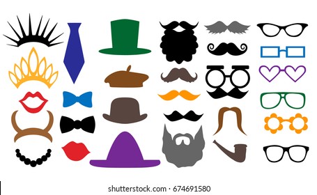 mustaches, lips, eyeglasses, crown, beard, horns, hat, tie silhouettes and design elements for party props isolated on white background