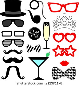 mustaches, lips, eyeglasses silhouettes and design elements for party props isolated on white background