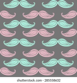 Mustaches on gray background, vector seamless pattern