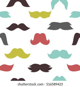 Mustaches seamless pattern hipster doodle curly beard vector. Mustaches seamless pattern elements barber silhouette facial design. Fashion color vintage mustaches pattern background.