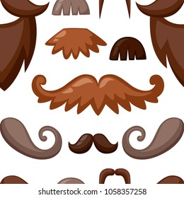 Mustaches seamless pattern. Whiskers of different shapes and colors. Vector illustration on white background. Web site page and mobile app design.
