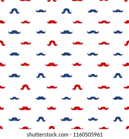 Mustaches Seamless Patterns for November Holiday Wrapping Paper. Vector Red and Blue Mustache Silhouettes for Fabric Textile Design. Cinco de Mayo, Vintage Moustaches Carnival Design.