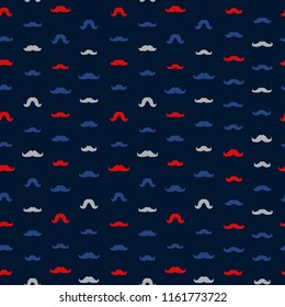 Mustaches Seamless Patterns for November Holiday Wrapping Paper. Vector Red, Blue and Grey Mustache Silhouettes for Fabric Textile Design. Cinco de Mayo, Vintage Moustaches Design. Dark Background