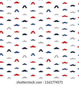 Mustaches Seamless Patterns for November Holiday Wrapping Paper. Vector Red, Blue and Grey Mustache Silhouettes for Fabric Textile Design. Cinco de Mayo, Vintage Moustaches Carnival Design.