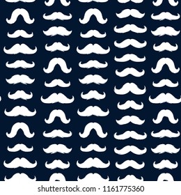 Mustaches Seamless Patterns for November Holiday Wrapping Paper. White Vector Moustache Silhouettes for Fabric Textile Design. Cinco de Mayo, Vintage Mustaches Carnival Design. Dark Background