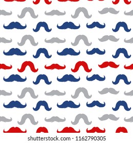 Mustaches Seamless Patterns for November Holiday Wrapping Paper. Vector Red, Blue and Grey Moustache Silhouettes for Fabric Textile Design. Cinco de Mayo, Vintage Mustaches Carnival Design.