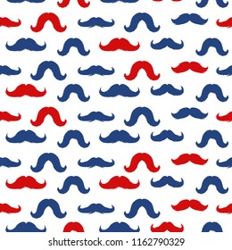 Mustaches Seamless Patterns for November Holiday Wrapping Paper. Vector Red and Blue Mustache Silhouettes for Fabric Textile Design. Cinco de Mayo, Vintage Moustaches Carnival Design.