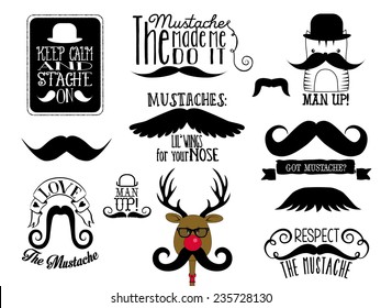 Mustaches - Set of black and white clip art of various types of mustaches, with funny quotes and phrases 