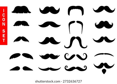 bigodes set ícone vetorial. Vários estilos de bigode mostrados em um conjunto de ícones preto e branco para fins de design e ilustração