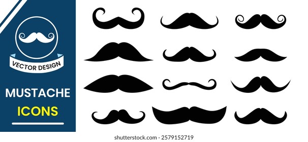 Mustaches silhouette, symbol design. Set of mustaches icon, vector. Black silhouette of adult man moustaches symbol. Vector illustration.