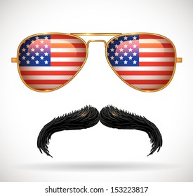 Mustaches and sunglasses with american flag reflection - vector illustration.