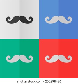 Mustaches vector icon. Effect of folded paper. Colored (red, blue, green) illustrations. Flat design