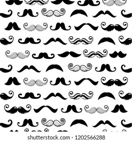 Mustaches Vector Seamless Pattern.Hipster Moustache Background In Doodle Style. 