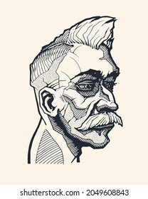 Hombre adulto bigotudo con peinado hipster. Retrato masculino de dibujos animados, estilo de dibujo. Elemento de diseño dibujado a mano. Ilustración del vector