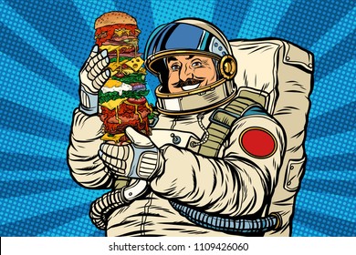 Mustachioed astronaut with giant Burger. Pop art retro vector illustration kitsch vintage drawing