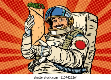 Mustachioed astronaut with Shawarma kebab Doner. Pop art retro vector illustration kitsch vintage drawing