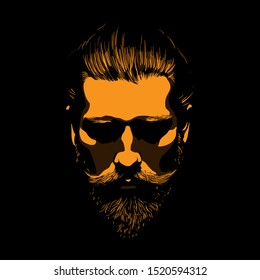 Mustachioed And Bearded Man Portrait In Contrast Light. Vector. Illustration.