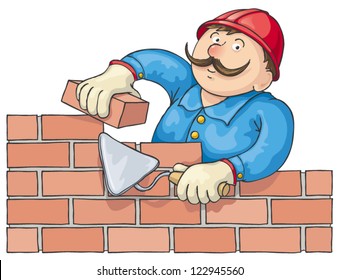 Mustachioed bricklayer builds a red brick wall. Vector cartoon