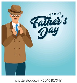 Mustachioed businessman wearing suit, hat, and tie. Happy Father's Day greetings. Father's Day concept. Flat vector illustration.