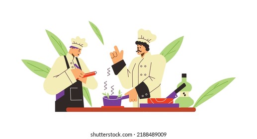 Mustachioed chef teaches young to cook flat style, vector illustration isolated on white background. Boy in apron taking notes, culinary school concept