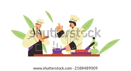 Mustachioed chef teaches young to cook flat style, vector illustration isolated on white background. Boy in apron taking notes, culinary school concept