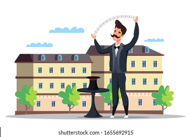 Mustachioed magician in black tailcoat showing tricks with magic gaming cards and hat on street. Cartoon man illusionist character. Building exterior on backdrop. Vector flat illustration